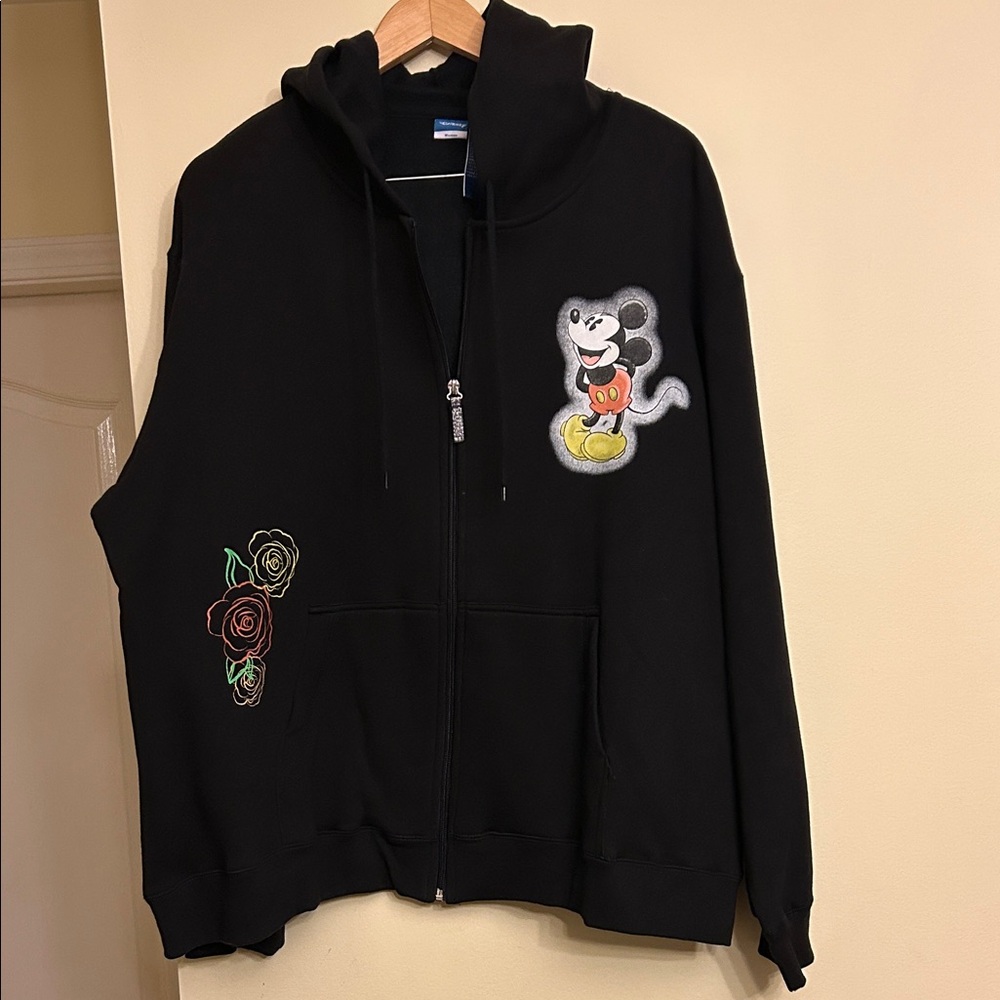 Disney Black Hoodie with Cartoon and Rose Design